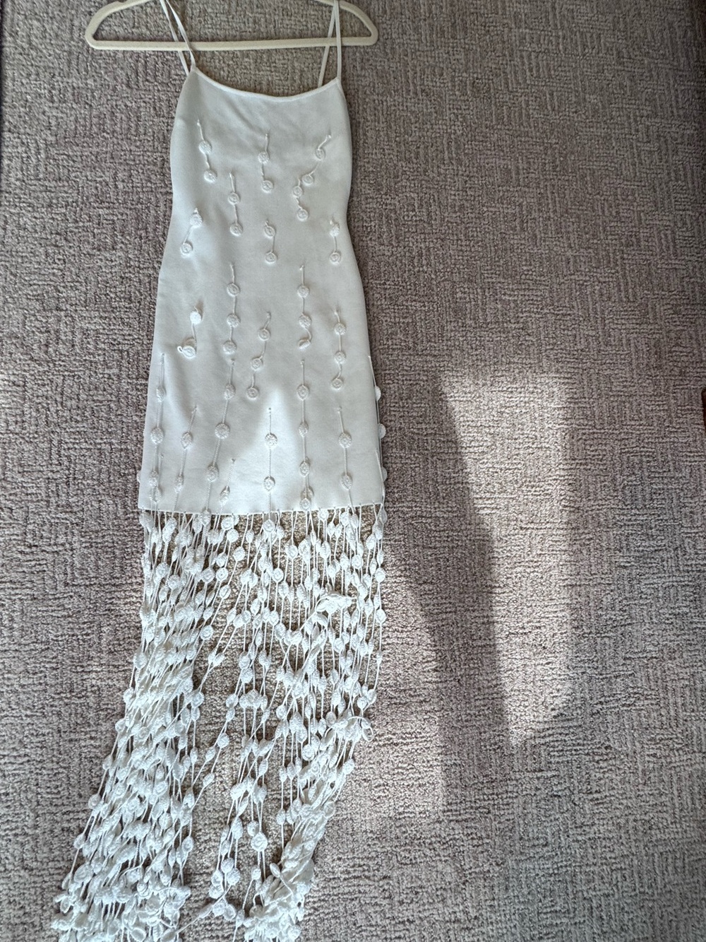 Meshki Ivory Fringe-Trim Spaghetti Strap Mini Dress